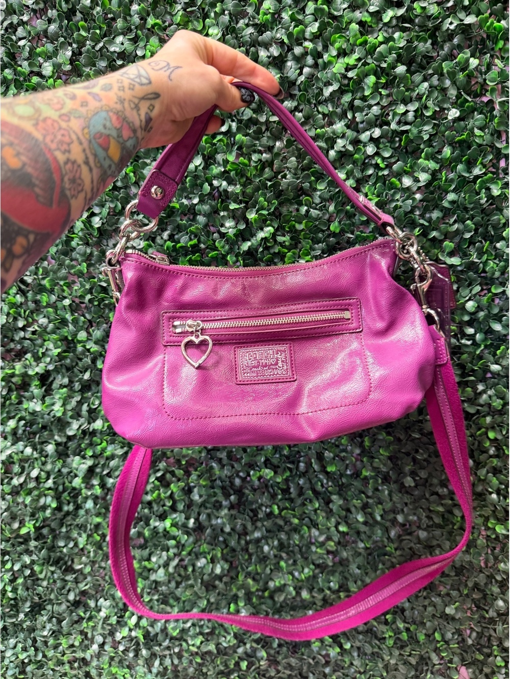 Y2k Vintage Coach F20017 Purple Leather Shoulder Bag with Heart Charm
